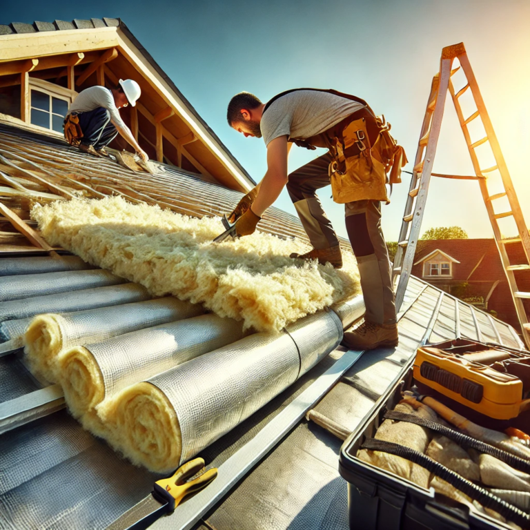 Dakdekkers brengen dakisolatie aan met glaswol op een schuin dak in de zon