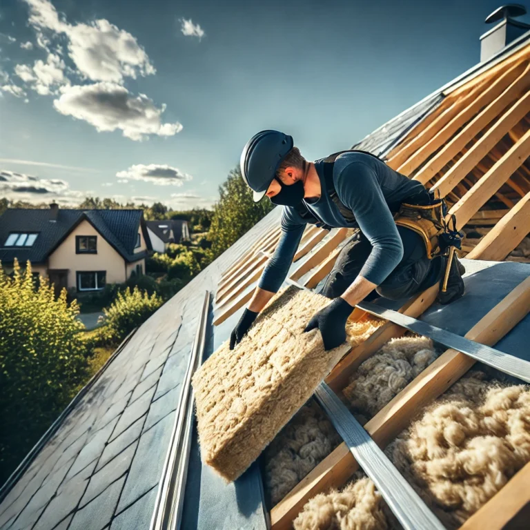 Dakdekker brengt isolatie aan op een schuin dak met isolatieplaten