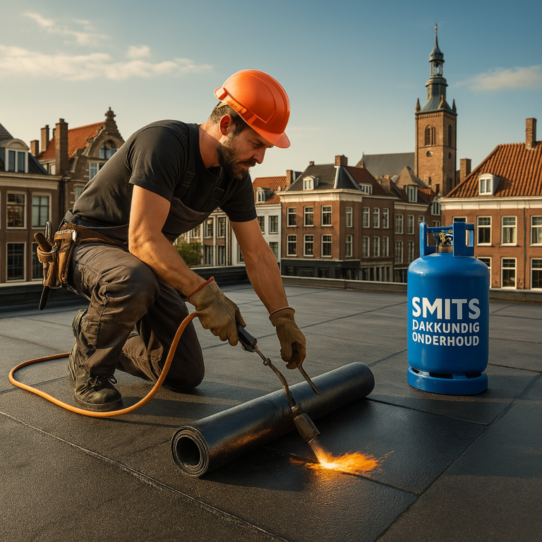 Dakdekker plaatst bitumen dakbedekking op een plat dak in de stad, onder warme avondzon