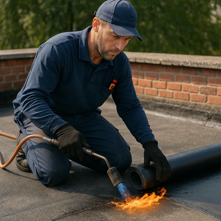 Een dakdekker brengt met een brander nieuwe dakbedekking aan op een plat dak, omringd door bakstenen randen en bomen