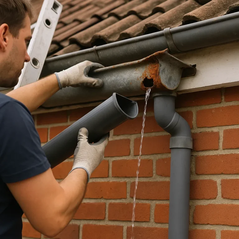 Monteur op ladder vervangt roestige dakgoot van een rood bakstenen huis met zichtbaar lekkend water.