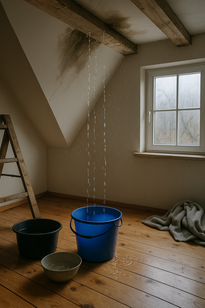 Zolderkamer met waterlekkage waarbij druppels via het plafond in meerdere emmers vallen.