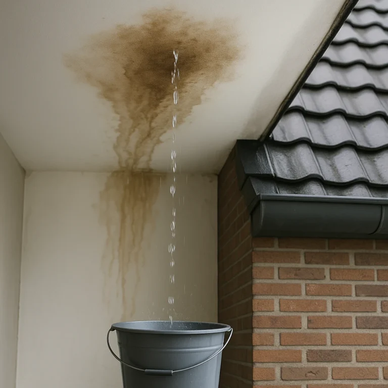 Water drupt van een vochtplek in het plafond in een emmer, onder een dak met zwarte pannen en een bakstenen buitenmuur
