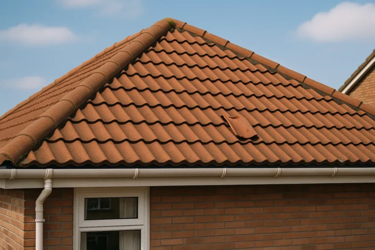 Dak met rode keramische dakpannen en een zichtbare beschadigde pan