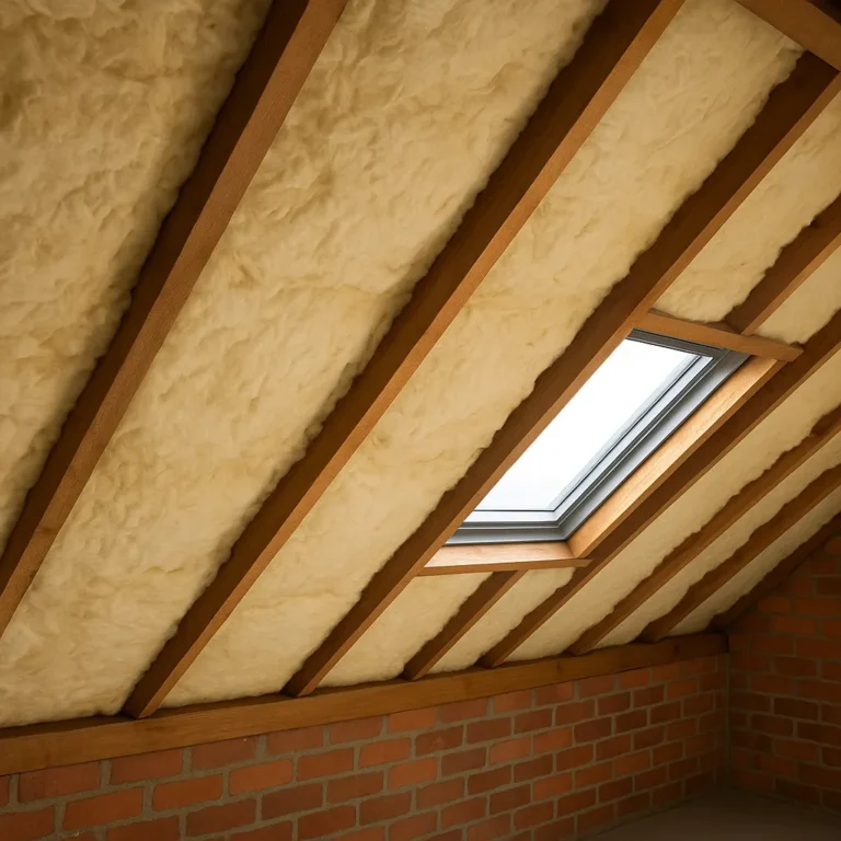 Binnenzijde van een schuin dak voorzien van isolatiemateriaal tussen houten balken met dakraam