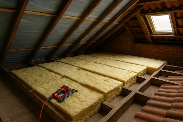 Binnenzijde van een schuin dak in renovatie met zichtbare houten balken en geplaatste isolatieplaten van glaswol
