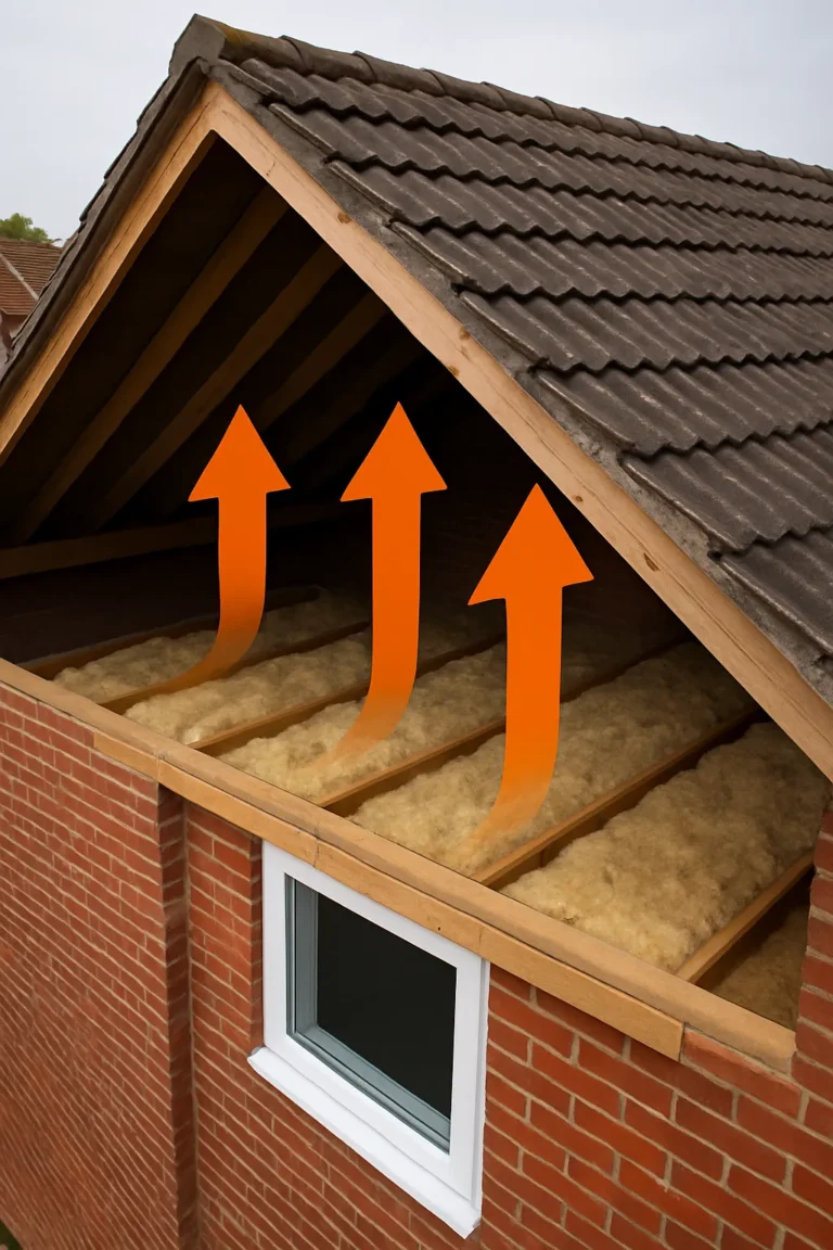 Doorsnede van een echt huis met zicht op dakisolatie en warmtestroming