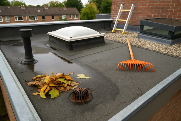 Plat dak met bitumineuze dakbedekking, lichtkoepel, afvoerputje en bladeren in de herfst