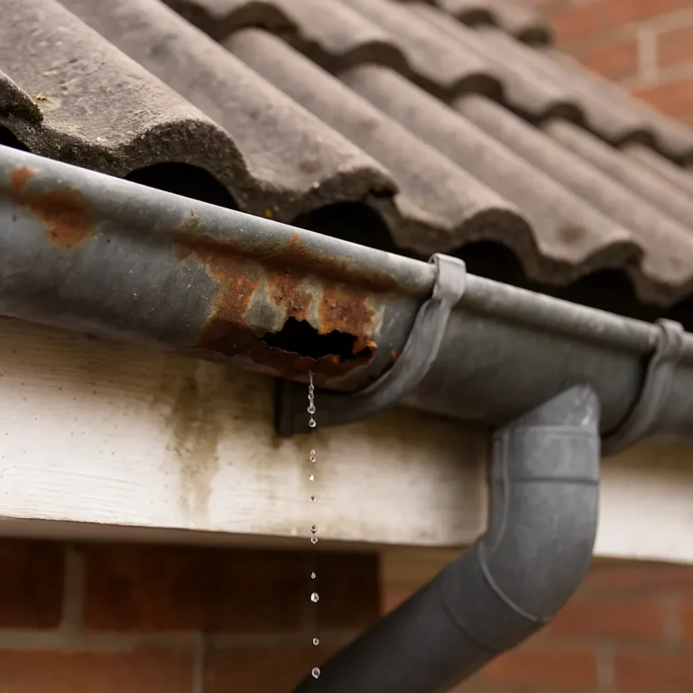 Verroeste dakgoot met gat waar water uit lekt, onder een pannendak