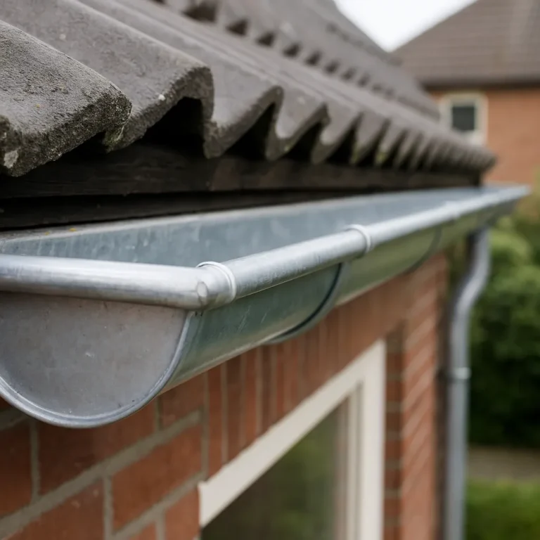 Aluminium dakgoot bevestigd aan een hellend pannendak van een woning met rode gevelsteen