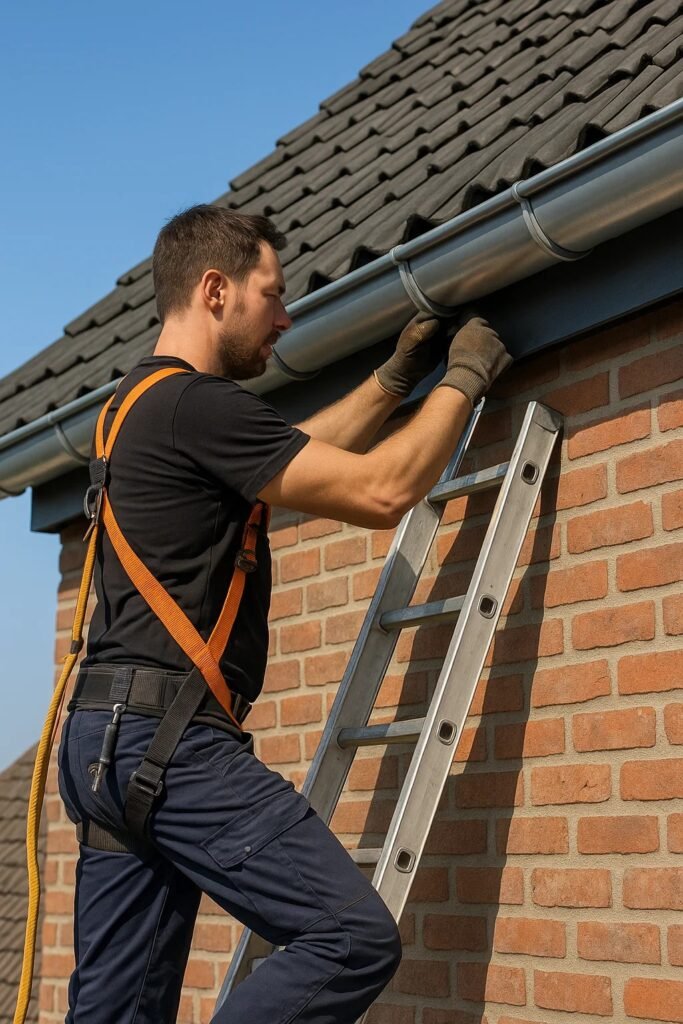 Vakman op ladder vervangt zinken dakgoot aan bakstenen gevel, heldere blauwe lucht