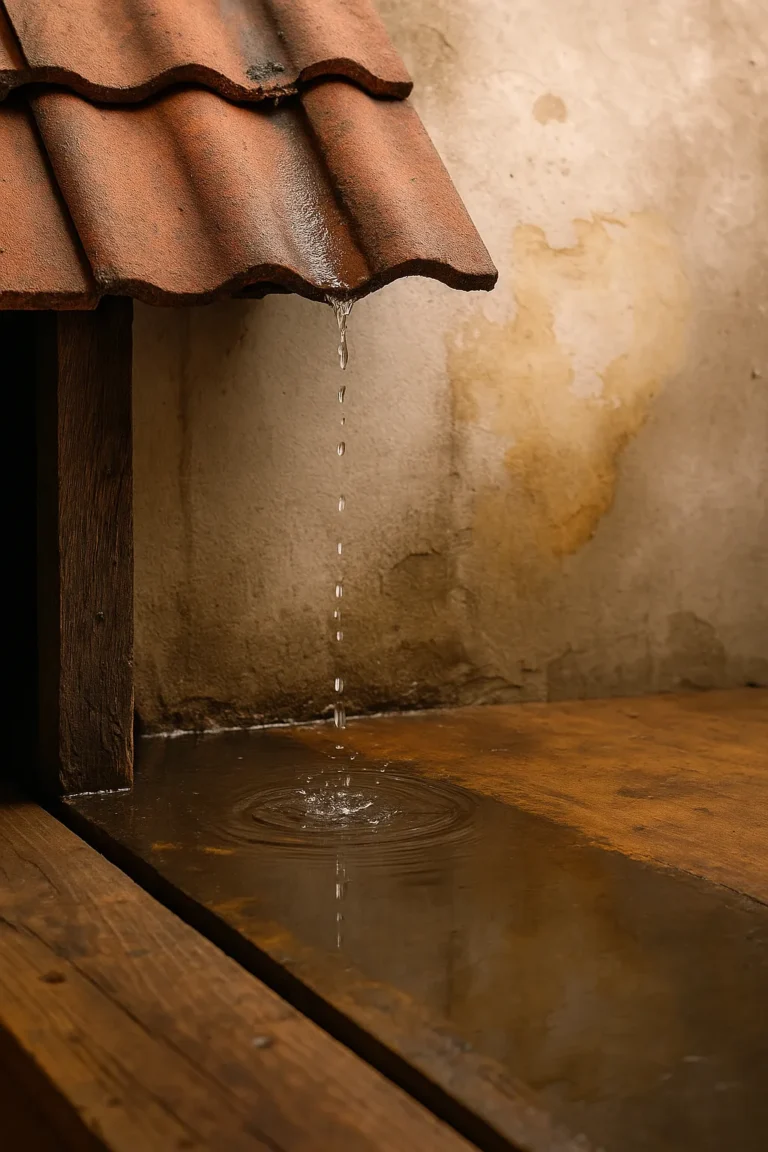Druppelend water onder een beschadigde dakpan met zichtbare waterschade op houten zoldervloer en muur