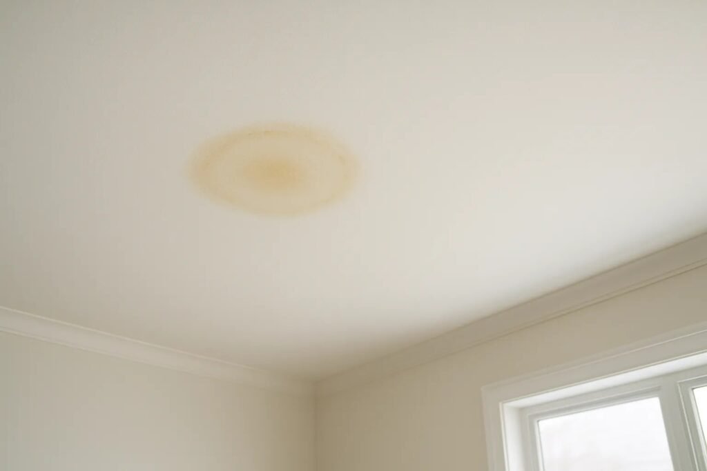 Gelige vochtplek op wit plafond veroorzaakt door daklekkage.