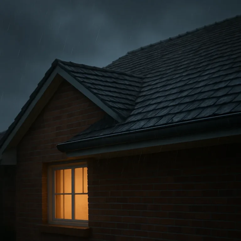Regenachtig dak van een bakstenen huis met een warm verlichte raamopening in de schemering