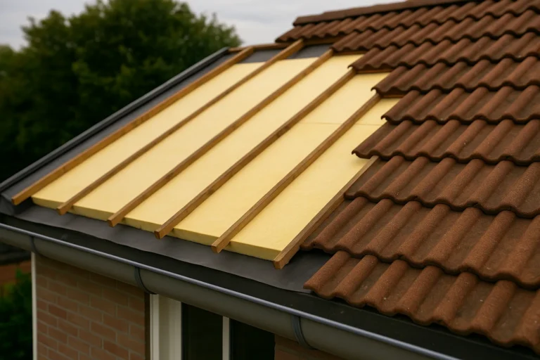 Dakrenovatie in uitvoering met isolatieplaten onder keramische dakpannen op een woning