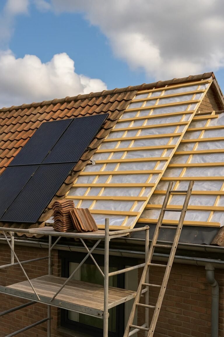 Gedeeltelijk gerenoveerd hellend dak met zonnepanelen, houten panlatten en isolatiefolie onder een deels bewolkte lucht