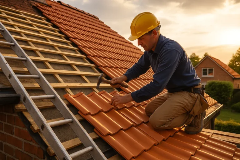 Dakdekker plaatst terracottakleurige dakpannen op een houten constructie in het avondlicht.