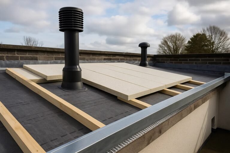 Ventilerend plat dak in opbouw met isolatieplaten, damprem en zwarte ontluchtingspijp