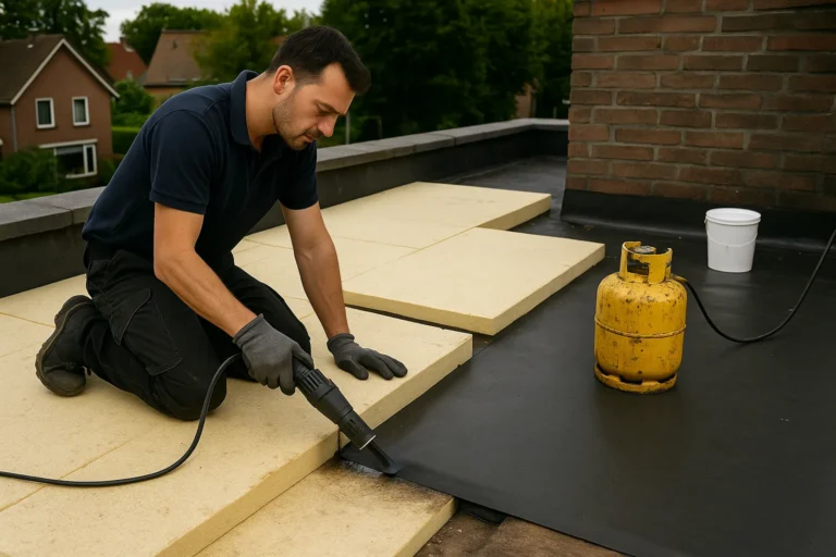 Dakdekker brengt isolatieplaten en bitumenlaag aan op een plat dak met behulp van gasbrander