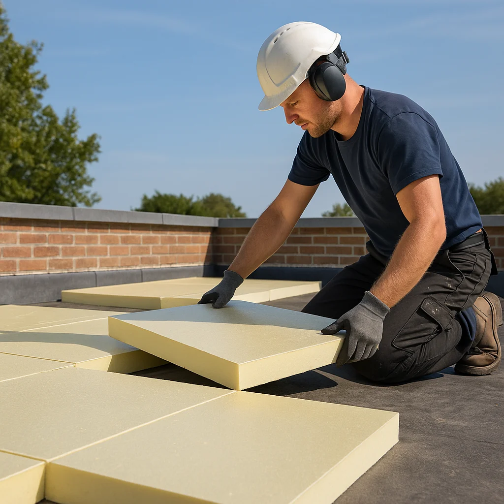 Vakman plaatst PIR isolatieplaten op plat dak onder heldere blauwe lucht