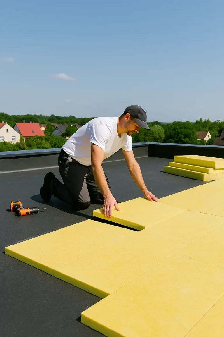 Man legt gele isolatieplaten op een plat dak onder een heldere blauwe hemel