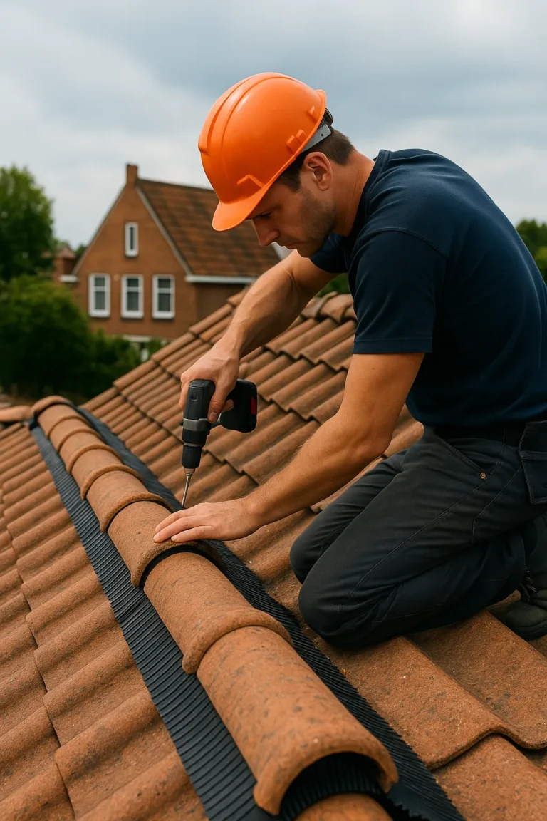Dakdekker zet nokvorsten vast op een schuin pannendak met behulp van professionele gereedschappen