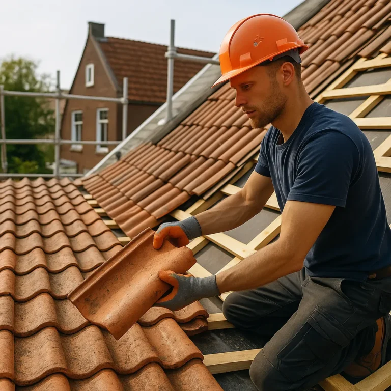 Dakdekker met oranje helm vervangt dakpannen op een hellend pannendak van een woonhuis