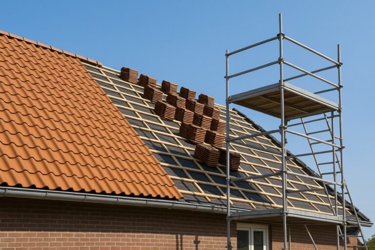 Nieuwe terracotta dakpannen en steiger bij dakrenovatie.