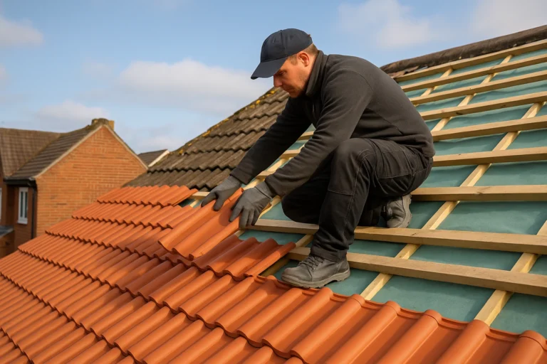 Dakdekker vervangt oranje dakpannen op een hellend dak tijdens renovatiewerkzaamheden in een woonwijk