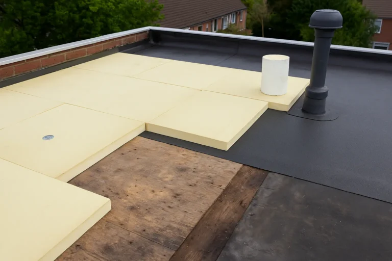 Plat dak in renovatie met isolatieplaten en bitumenlaag zichtbaar in opbouwfase