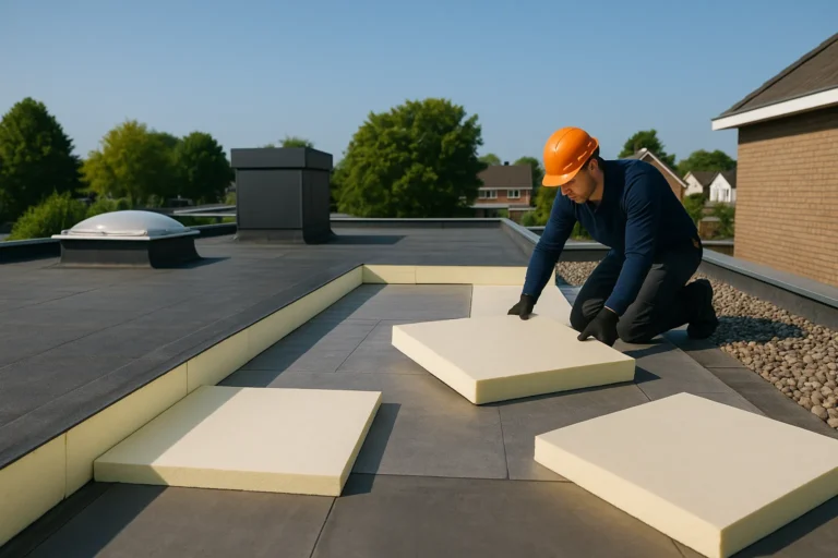 Dakwerker plaatst isolatieplaten op een plat dak onder een heldere hemel met woningen op de achtergrond