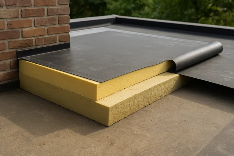 Realistische foto van plat dak in renovatie met isolatielagen, volledig tekstloos