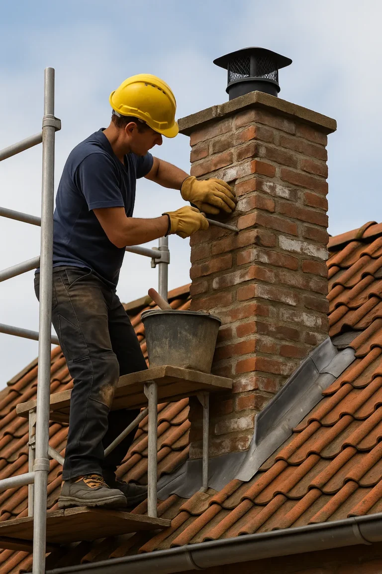 Bouwvakker voert renovatie uit aan bakstenen schoorsteen op pannendak met gele helm en hamer
