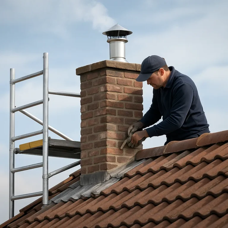 Dakwerker voert renovatiewerkzaamheden uit aan een gemetselde schoorsteen op een pannendak