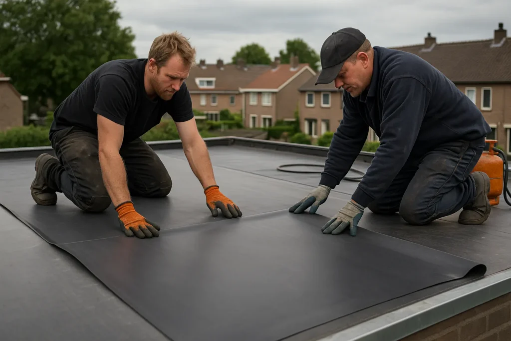 Twee dakdekkers leggen een EPDM-folie op een plat dak van een woning in een rustige wijk met bakstenen huizen op de achtergrond.