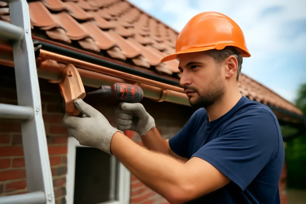 Een professional is bezig met het vervangen van een dakgoot, terwijl hij een steiger gebruikt voor veiligheid en efficiëntie.
