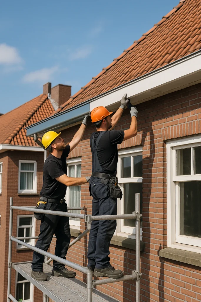 Twee vakmensen op een steiger zetten een nieuwe zinken dakgoot vast aan een klassiek Nederlands appartementsgebouw met rode dakpannen.