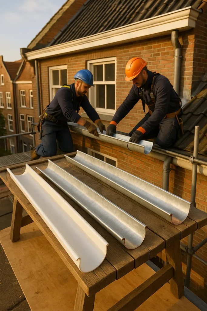 Dakdekker plaatst nieuwe dakgoot op historisch huis; op de voorgrond liggen drie goten van pvc, zink en koper ter vergelijking.