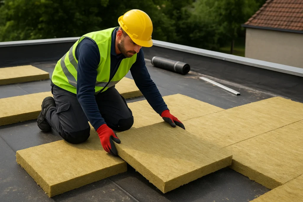 Vakman plaatst drukvaste isolatieplaten op een plat dak ter voorbereiding op subsidieaanvraag 2025.