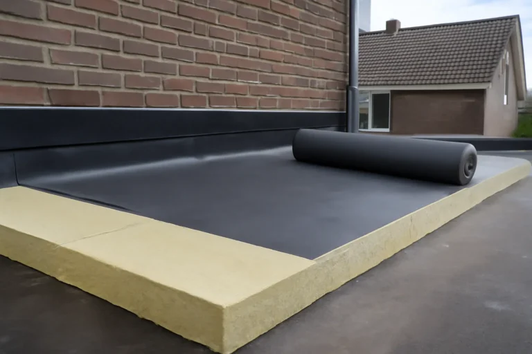 Een afbeelding van een dakrenovatie, waarbij een plat dak geïsoleerd wordt.