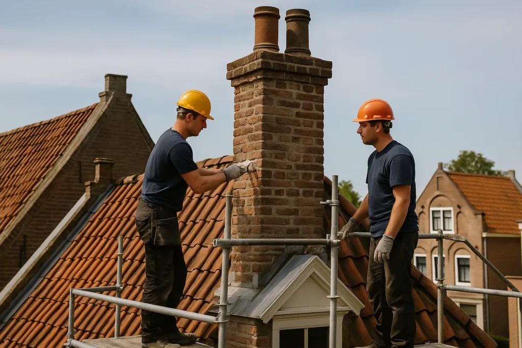 Twee vaklieden restaureren een verweerde bakstenen schoorsteen op een monumentaal pand terwijl zij op een steiger boven de Hollandse pannendaken werken.