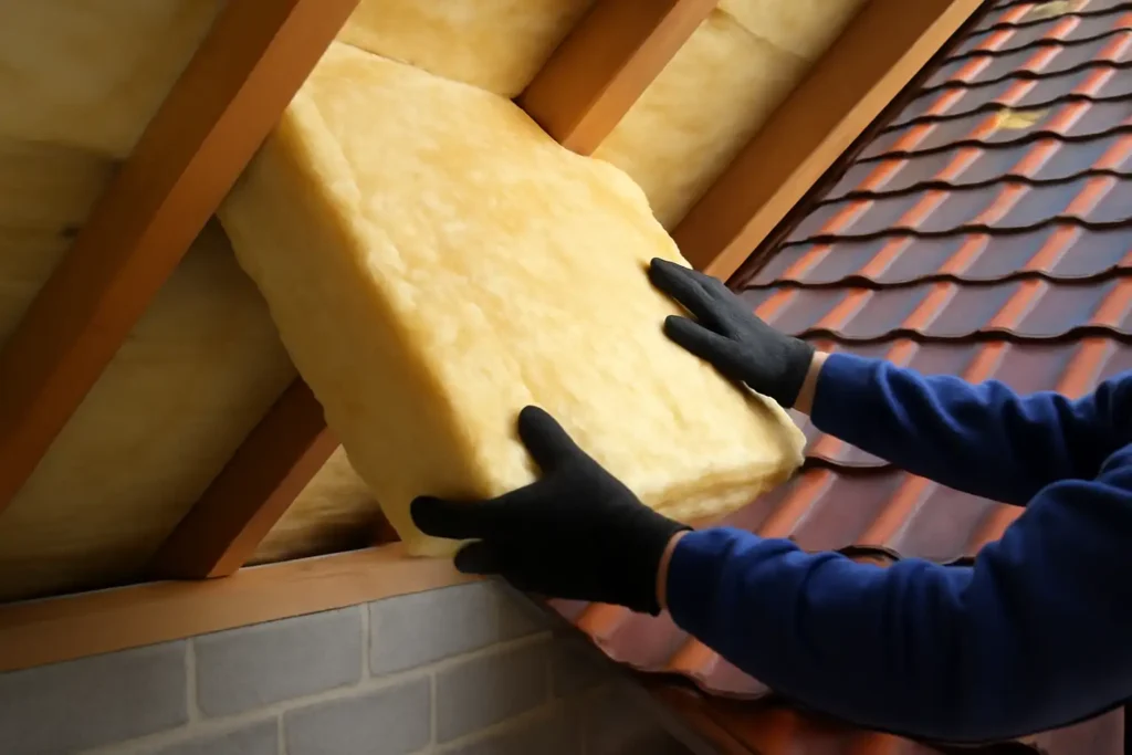 Werknemer installeert isolatie in een zolderruimte met houten balken, licht valt door het dakraam op de isolatiematerialen.