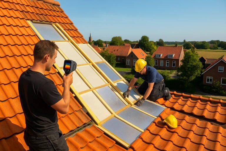 Dakwerkers isoleren een schuin dak met PIR platen tussen houten latten op een woning met oranje dakpannen