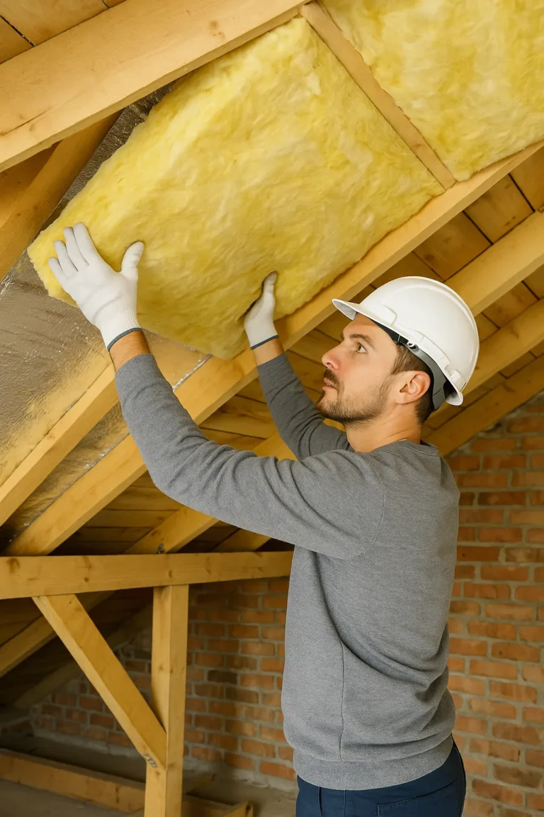 Monteur brengt isolatiemateriaal aan onder een schuin dak als onderdeel van een dakrenovatieproject.