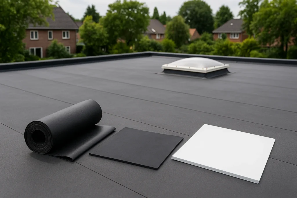 Drie soorten dakbedekking — bitumen, EPDM en PVC — liggen op een strak aangelegd plat dak met lichtkoepel, omringd door huizen en groen