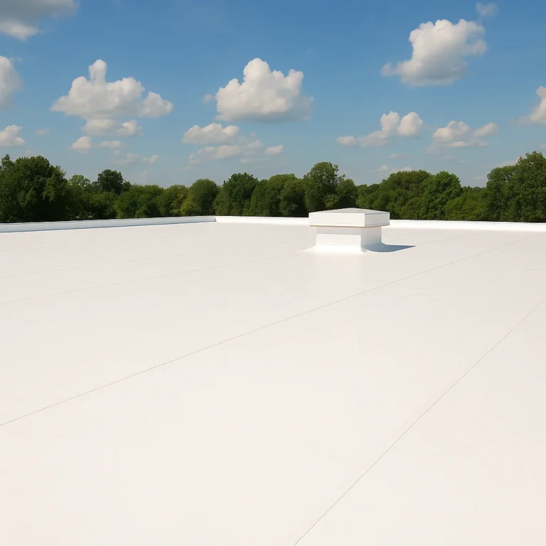 Wit reflecterend plat dak met opstaande rand en ventilatie-unit onder blauwe lucht