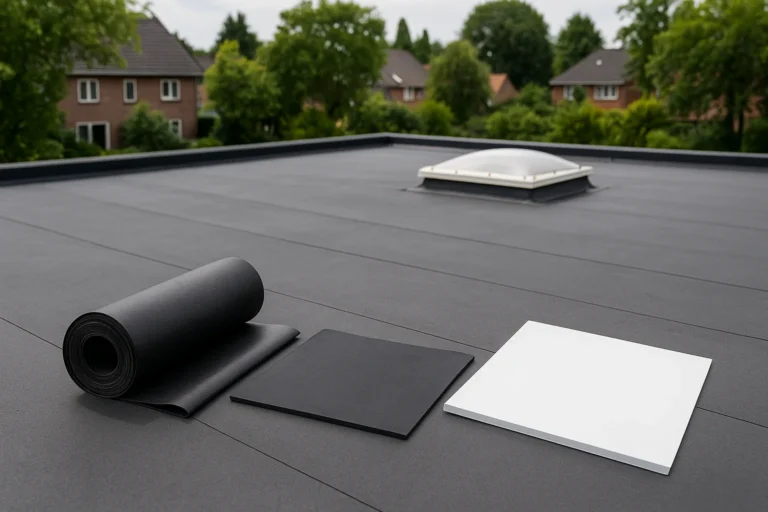 Drie soorten dakbedekking — bitumen, EPDM en PVC — liggen op een strak aangelegd plat dak met lichtkoepel, omringd door huizen en groen