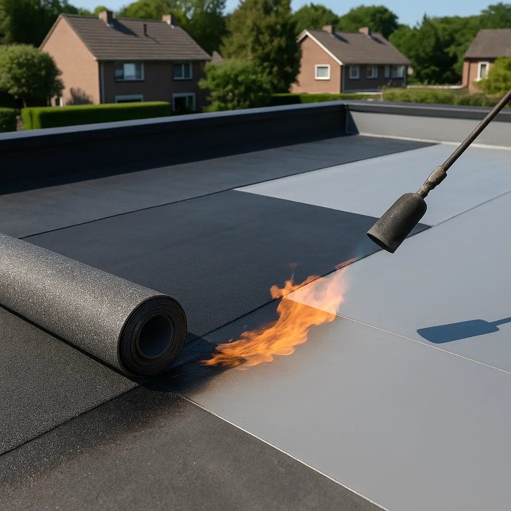 Plat dak met bitumen, EPDM en PVC dakbedekking, vakkundig aangebracht onder zonnige omstandigheden