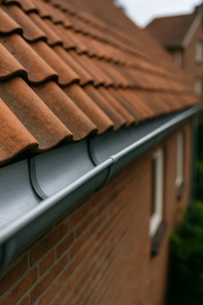 Nieuwe stalen dakgoot gemonteerd onder rood keramisch pannendak bij een bakstenen woning