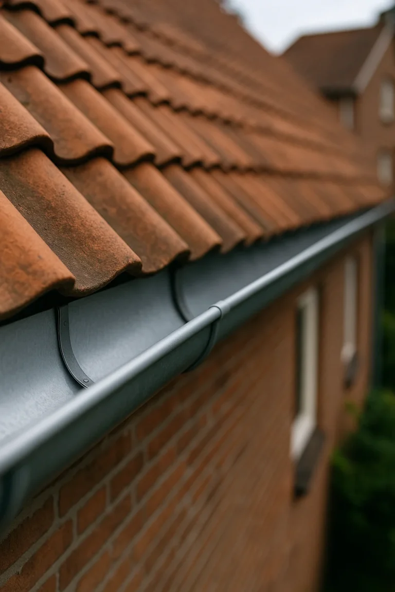 Nieuwe stalen dakgoot gemonteerd onder rood keramisch pannendak bij een bakstenen woning